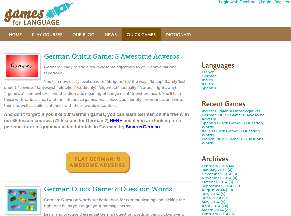 Free Online Games and Quizzes for Learning German with Audio and PDF Downloads plus 36-Lesson Course