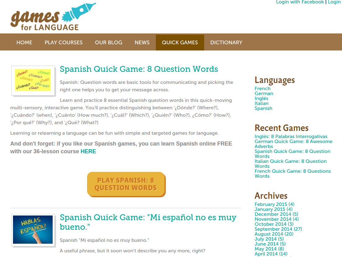 Free Online Games and Quizzes for Learning Spanish with Audio and PDF Downloads plus 36-Lesson Course