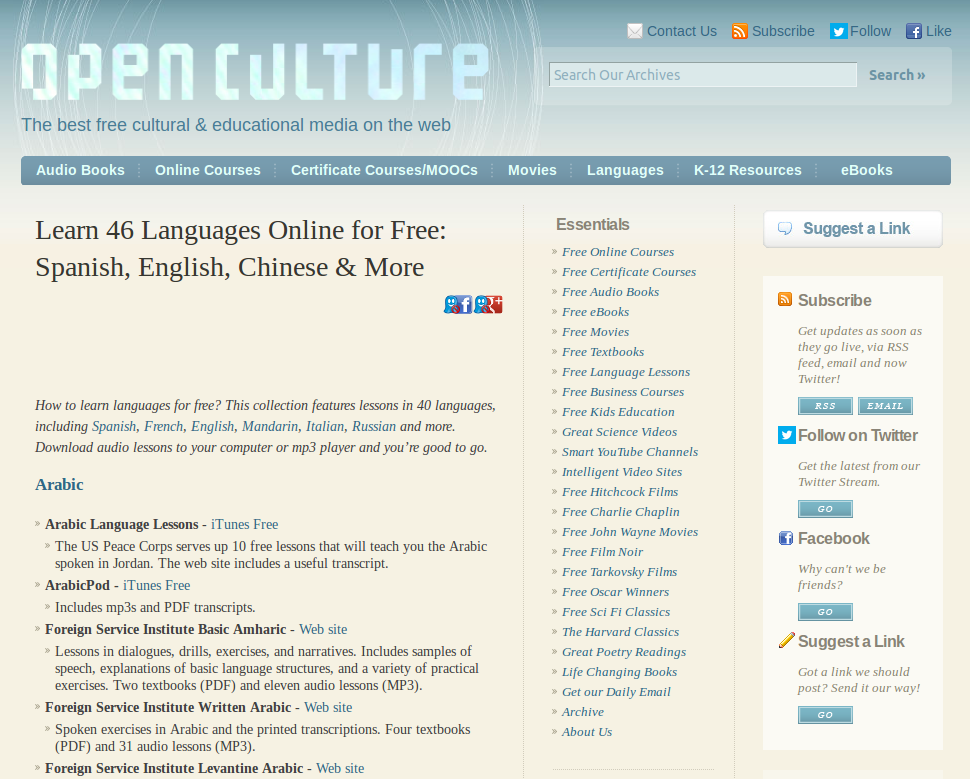 Links to Free Lessons for 45+ Languages on OpenCulture (Spanish, English, Chinese, German & more)