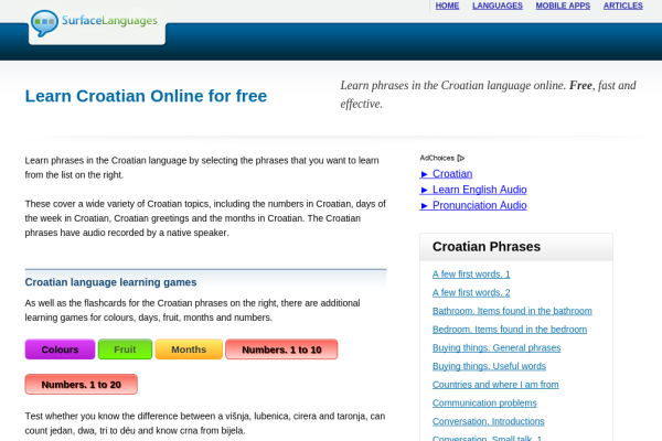Free Croatian Audio Phrasebook, Games and Mobile Apps (Android, iOS) to Learn Basic Croatian for Travel and Living