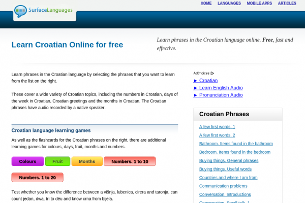 Free Croatian Audio Phrasebook, Games and Mobile Apps (Android, iOS) to Learn Basic Croatian for Travel and Living